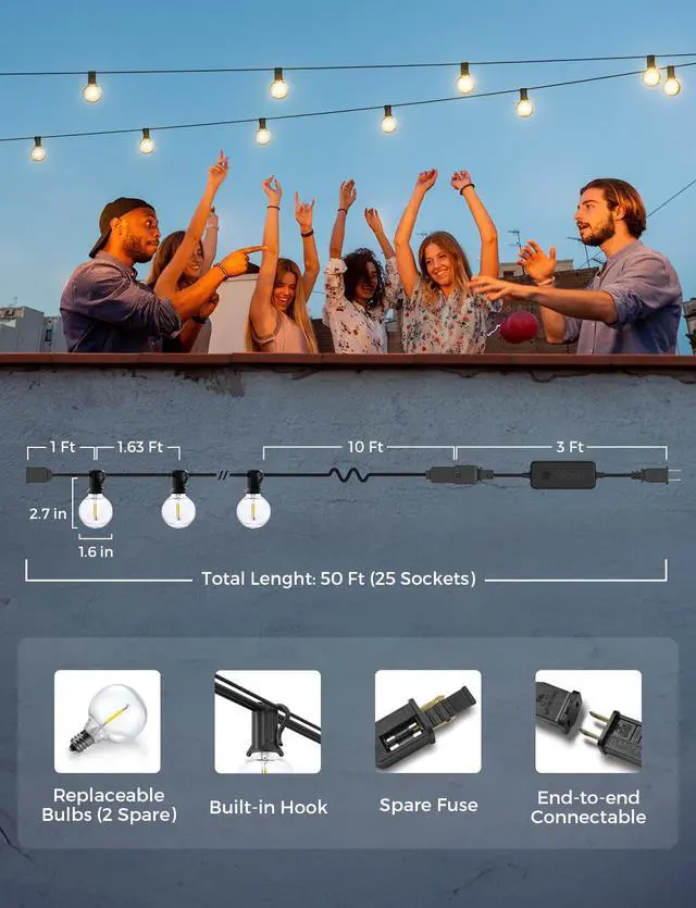 Alt view image 6 of 7 - Patio Lights, Smart 50Ft Outdoor String Lights with 25 G40 Bulbs | Dimmable LED Globe Bulbs, APP Control, Works with Alexa, IP65 Waterproof, Connectable Design for Outdoor Patio Decor