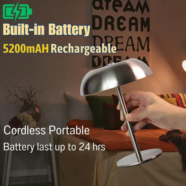 Alt view image 4 of 7 - Cordless LED Mushroom Table Lamp, 5200mAh Battery, Dimmable 3 Color, Silver | Small, 8.46in, Portable, Easy to Assemble, Metal Structure, Rechargeable, Suitable for Bedroom, Café, and Bar Counter