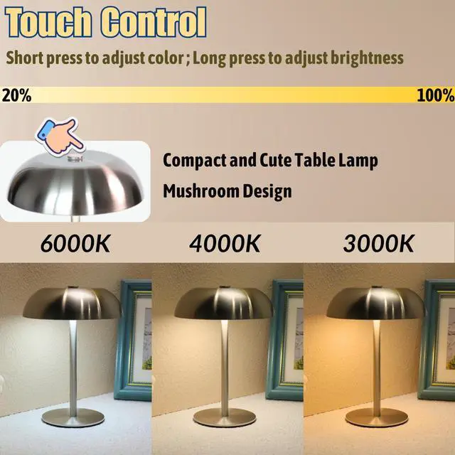Alt view image 6 of 7 - Cordless LED Mushroom Table Lamp, 5200mAh Battery, Dimmable 3 Color, Silver | Small, 8.46in, Portable, Easy to Assemble, Metal Structure, Rechargeable, Suitable for Bedroom, Café, and Bar Counter