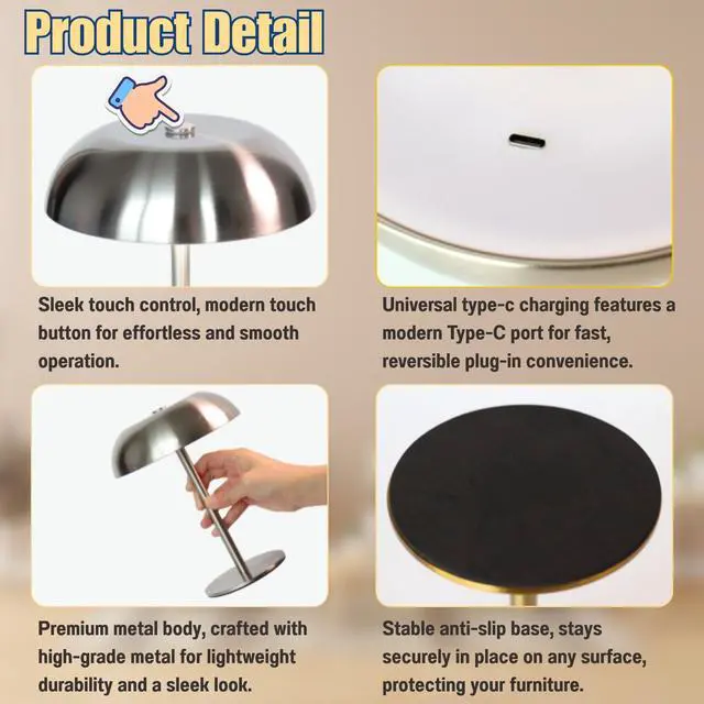 Alt view image 7 of 7 - Cordless LED Mushroom Table Lamp, 5200mAh Battery, Dimmable 3 Color, Silver | Small, 8.46in, Portable, Easy to Assemble, Metal Structure, Rechargeable, Suitable for Bedroom, Café, and Bar Counter