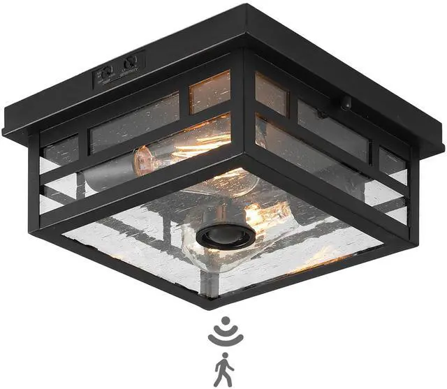 Main image of Outdoor Flush Mount Motion Sensor Ceiling Light - Timeless Industrial Design with Seeded Clear Glass for Your Porch, Driveway, Covered Patio, Farmhouse, and Entryway