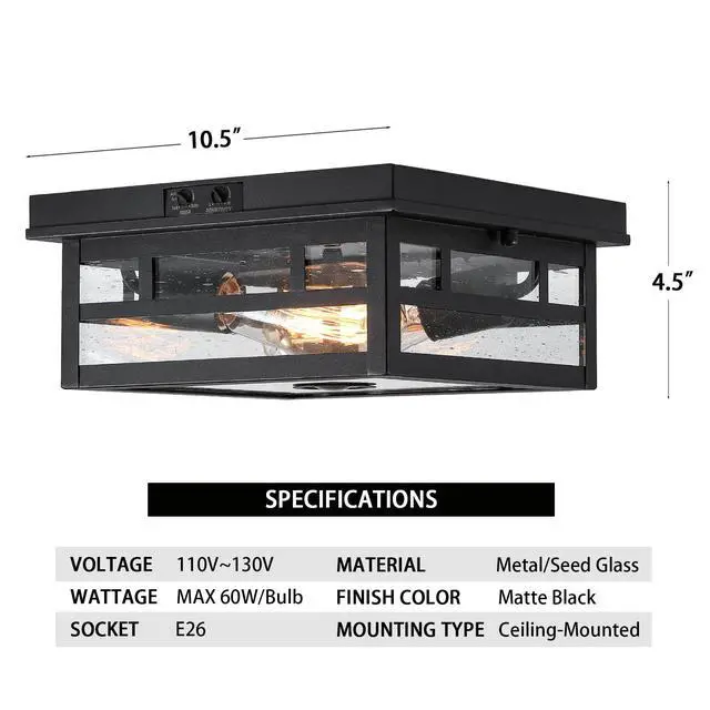 Alt view image 4 of 7 - Outdoor Flush Mount Motion Sensor Ceiling Light - Timeless Industrial Design with Seeded Clear Glass for Your Porch, Driveway, Covered Patio, Farmhouse, and Entryway