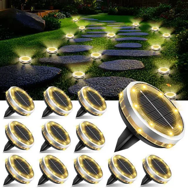 Main image of Solar Ground Lights Outdoor 12 Pack Waterproof, Upgraded Solar Garden Lights with 4 Side Light, Stainless Steel Solar Powered Disc Landscape Light for Walkway Pathway Lawn Yard Patio Deck-Warm White