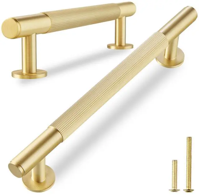Main image of 5-Pack Solid Brass Cabinet Pulls, 5-Inch Hole Center Handles | Solid Brass Construction, Brushed Gold Finish, Cabinet Pulls, Drawer Pulls, Bar Handles, Kitchen Cabinets, Dresser Drawers
