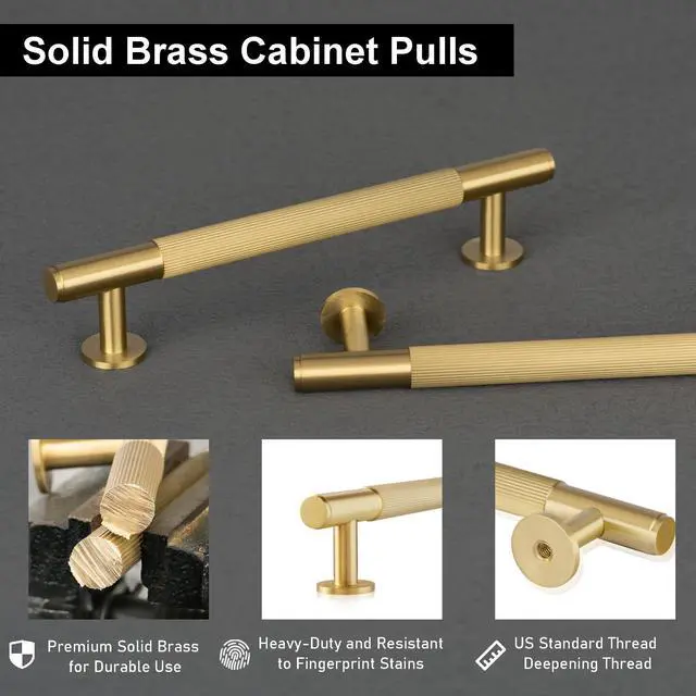 Alt view image 2 of 7 - 5-Pack Solid Brass Cabinet Pulls, 5-Inch Hole Center Handles | Solid Brass Construction, Brushed Gold Finish, Cabinet Pulls, Drawer Pulls, Bar Handles, Kitchen Cabinets, Dresser Drawers