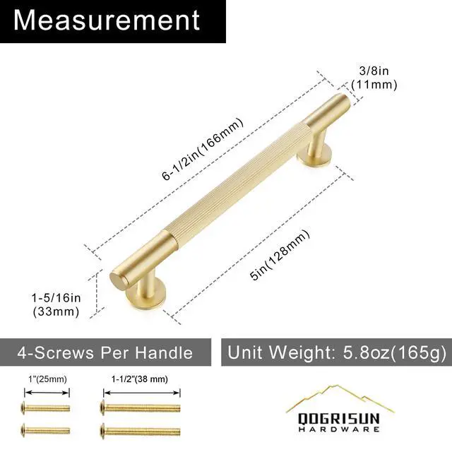 Alt view image 3 of 7 - 5-Pack Solid Brass Cabinet Pulls, 5-Inch Hole Center Handles | Solid Brass Construction, Brushed Gold Finish, Cabinet Pulls, Drawer Pulls, Bar Handles, Kitchen Cabinets, Dresser Drawers