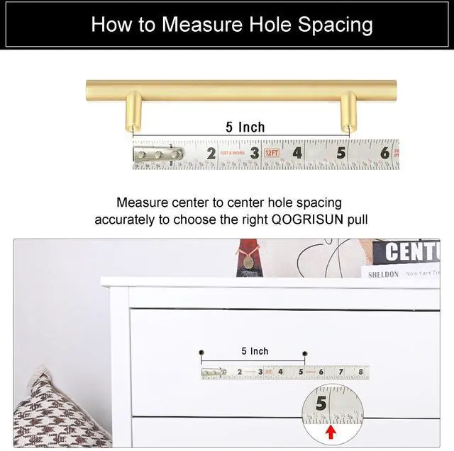 Alt view image 4 of 7 - 5-Pack Solid Brass Cabinet Pulls, 5-Inch Hole Center Handles | Solid Brass Construction, Brushed Gold Finish, Cabinet Pulls, Drawer Pulls, Bar Handles, Kitchen Cabinets, Dresser Drawers