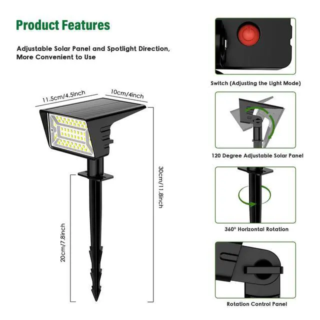 Alt view image 7 of 7 - Solar Spot Lights Outdoor with 60 LED & Auto On/Off, 4 Pack Solar Lights Outdoor Waterproof IP68 with 3 Lighting Modes, 2-in-1 Solars Landscape Light for Outside, Garden, Yard(Cool White)