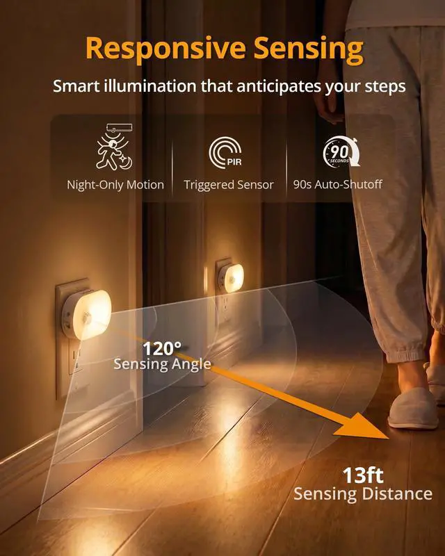 Alt view image 3 of 7 - 120LM Ultra Bright Plug-in Motion Sensor Night Light, 6-Pack | Stepless Dimmable, Auto-Off, LED Warm White Nightlight for Bathroom, Bedroom, Hallway, Stairs, Garage, Travel-Friendly