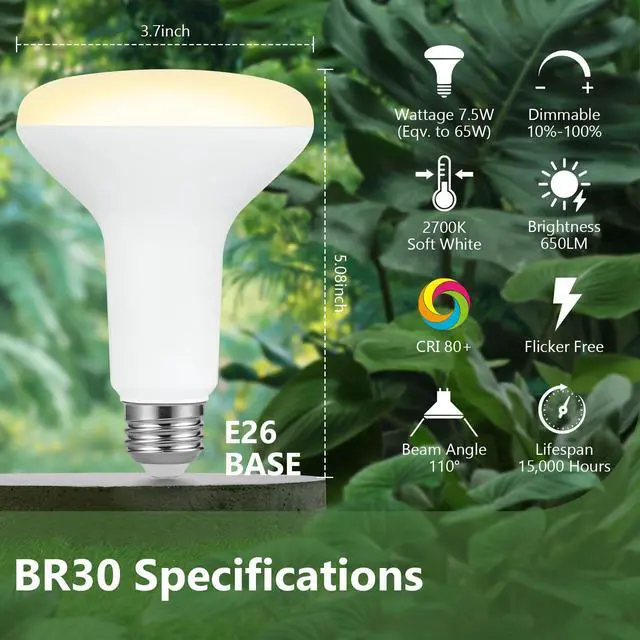 Alt view image 2 of 7 - BR30 Indoor LED Flood Bulbs for Recessed Cans, 7.5W (65W Replacement), 650LM, Soft White 2700K, Smooth Dimming, CRI 80, 110° Wide Beam, E26 Medium Base, Energy-Saving Lighting, 12 Pack