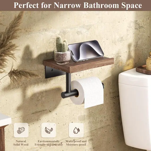 Alt view image 2 of 5 - Toilet Paper Holder with Wood Shelf, Wooden Wall Mount Tissue Paper Roll Holder, Matte Black Stainless Steel Bathroom Accessories Decor Household Home Apartment Restroom Essentials (Walnut)