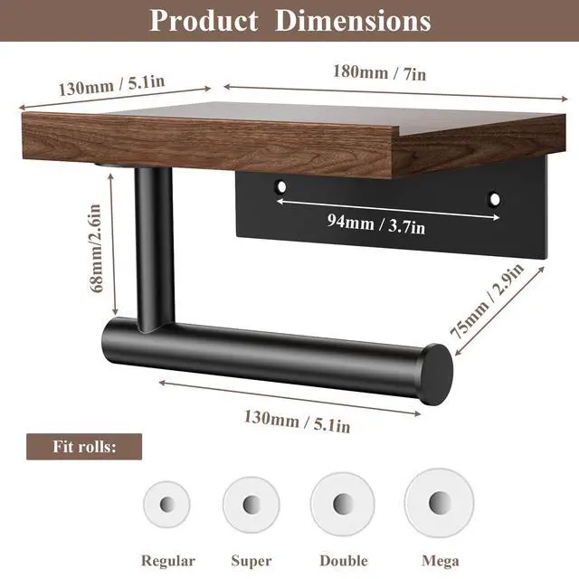 Alt view image 3 of 5 - Toilet Paper Holder with Wood Shelf, Wooden Wall Mount Tissue Paper Roll Holder, Matte Black Stainless Steel Bathroom Accessories Decor Household Home Apartment Restroom Essentials (Walnut)