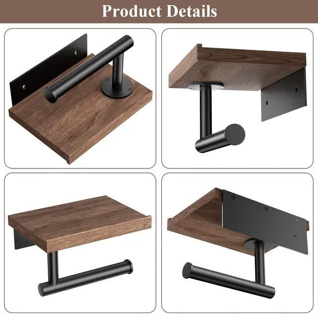 Alt view image 5 of 5 - Toilet Paper Holder with Wood Shelf, Wooden Wall Mount Tissue Paper Roll Holder, Matte Black Stainless Steel Bathroom Accessories Decor Household Home Apartment Restroom Essentials (Walnut)