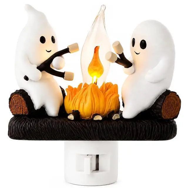 Main image of Ghost Campfire Night Light, Plug-in Wall Flickering Flame Nightlight, Halloween 3D Cute Spooky Marshmallow Ghost Decoration for Bedroom, Spooky Season Home Halloween Decor for Kids Adults