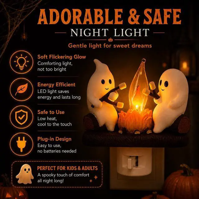 Alt view image 2 of 6 - Ghost Campfire Night Light, Plug-in Wall Flickering Flame Nightlight, Halloween 3D Cute Spooky Marshmallow Ghost Decoration for Bedroom, Spooky Season Home Halloween Decor for Kids Adults