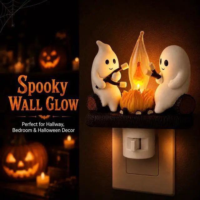 Alt view image 3 of 6 - Ghost Campfire Night Light, Plug-in Wall Flickering Flame Nightlight, Halloween 3D Cute Spooky Marshmallow Ghost Decoration for Bedroom, Spooky Season Home Halloween Decor for Kids Adults
