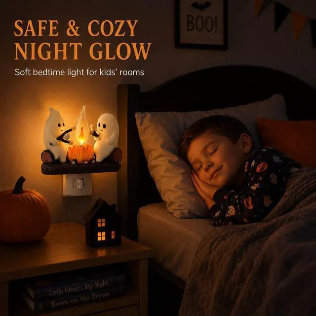 Alt view image 4 of 6 - Ghost Campfire Night Light, Plug-in Wall Flickering Flame Nightlight, Halloween 3D Cute Spooky Marshmallow Ghost Decoration for Bedroom, Spooky Season Home Halloween Decor for Kids Adults