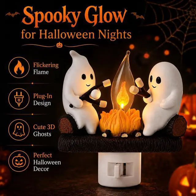 Alt view image 6 of 6 - Ghost Campfire Night Light, Plug-in Wall Flickering Flame Nightlight, Halloween 3D Cute Spooky Marshmallow Ghost Decoration for Bedroom, Spooky Season Home Halloween Decor for Kids Adults