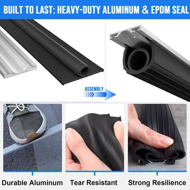 Alt view image 6 of 7 - 8 FT Garage Door Seal Bottom Kit - Heavy Duty EPDM Rubber U+O Ring Weather Stripping with Pre-drilled Aluminum Track, Universal Replacement Stops Rain, Drafts & Pests, Easy to Install