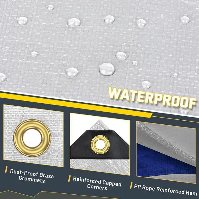 Alt view image 2 of 7 - 12 Mil Heavy Duty Waterproof Tarp with Metal Grommets, 10x20 ft, Silver & Blue Reversible Poly Tarp for Outdoor Protection, Yard, Worksite, Pools, Vehicles, Equipment Coverage