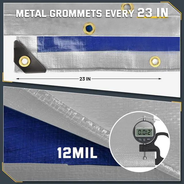 Alt view image 3 of 7 - 12 Mil Heavy Duty Waterproof Tarp with Metal Grommets, 10x20 ft, Silver & Blue Reversible Poly Tarp for Outdoor Protection, Yard, Worksite, Pools, Vehicles, Equipment Coverage