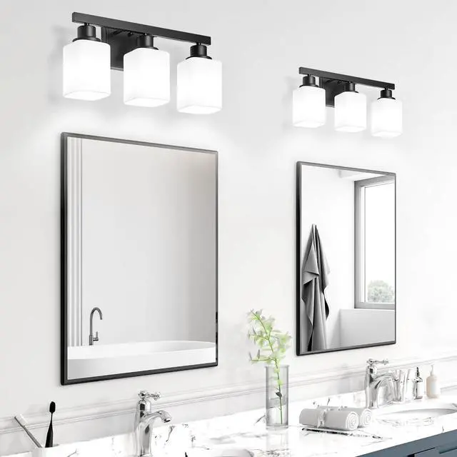 Alt view image 5 of 7 - 3-Light Bathroom Vanity Light,Modern Matte Black Bathroom Light Fixtures with Square Frosted Glass,Wall Sconces Lighting fixtures Over Mirror Restroom, Living Room Hallway