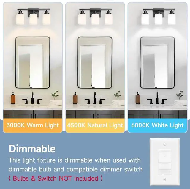 Alt view image 6 of 7 - 3-Light Bathroom Vanity Light,Modern Matte Black Bathroom Light Fixtures with Square Frosted Glass,Wall Sconces Lighting fixtures Over Mirror Restroom, Living Room Hallway