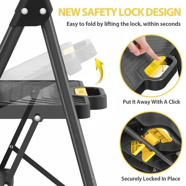 Alt view image 2 of 7 - 2 Step Ladder, Sturdy Steel Step Stool with Anti-Slip Wide Pedals | Folding Ladder with Handrail, Safe-Lock Design, Pass 800lbs Load Testing, for Multi-Purpose, Home, Kitchen, Black