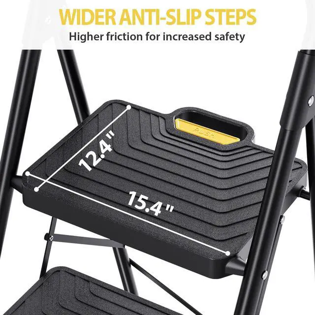 Alt view image 3 of 7 - 2 Step Ladder, Sturdy Steel Step Stool with Anti-Slip Wide Pedals | Folding Ladder with Handrail, Safe-Lock Design, Pass 800lbs Load Testing, for Multi-Purpose, Home, Kitchen, Black
