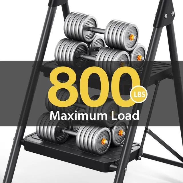 Alt view image 4 of 7 - 2 Step Ladder, Sturdy Steel Step Stool with Anti-Slip Wide Pedals | Folding Ladder with Handrail, Safe-Lock Design, Pass 800lbs Load Testing, for Multi-Purpose, Home, Kitchen, Black