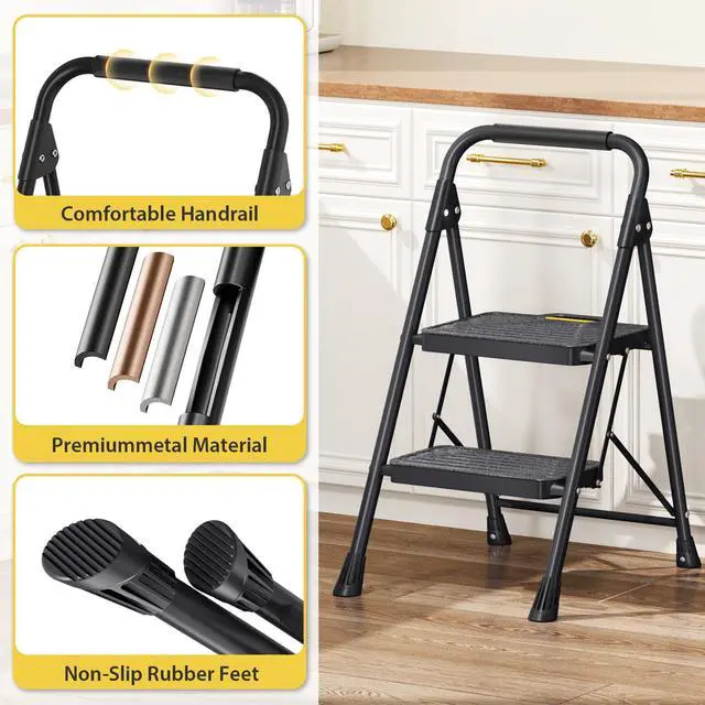 Alt view image 5 of 7 - 2 Step Ladder, Sturdy Steel Step Stool with Anti-Slip Wide Pedals | Folding Ladder with Handrail, Safe-Lock Design, Pass 800lbs Load Testing, for Multi-Purpose, Home, Kitchen, Black