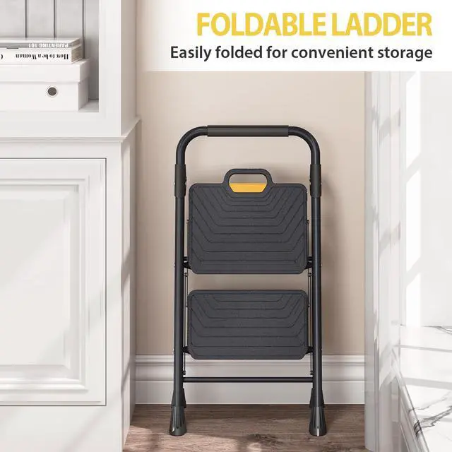 Alt view image 6 of 7 - 2 Step Ladder, Sturdy Steel Step Stool with Anti-Slip Wide Pedals | Folding Ladder with Handrail, Safe-Lock Design, Pass 800lbs Load Testing, for Multi-Purpose, Home, Kitchen, Black