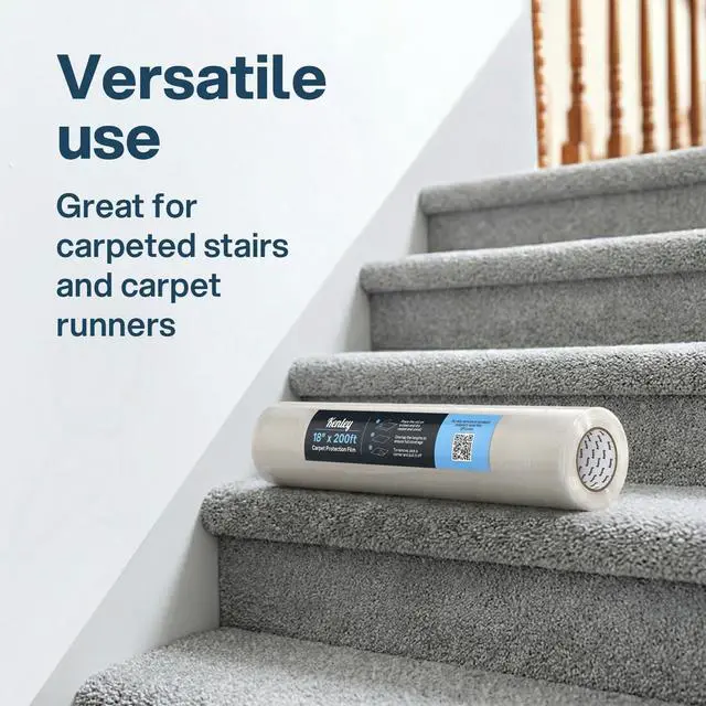 Alt view image 4 of 6 - Carpet Protection Film - Self Adhesive Plastic Protector 18" x 200' | Heavy Duty Shield Covering for Stairs Floor Runner Surface - Puncture & Water Resistant - Sticky Protection Roll