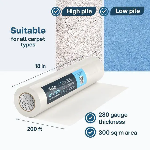 Alt view image 6 of 6 - Carpet Protection Film - Self Adhesive Plastic Protector 18" x 200' | Heavy Duty Shield Covering for Stairs Floor Runner Surface - Puncture & Water Resistant - Sticky Protection Roll