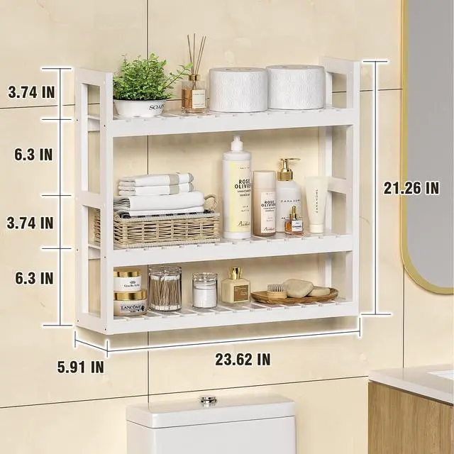 Alt view image 2 of 7 - Bathroom Shelves Over Toilet Storage - 3 Tier Wall Mounted Bamboo Bathroom Shelf Organizer Multifunctional Adjustable Layer Free Standing Utility Shelves for Bathroom Living Room Kitchen, White