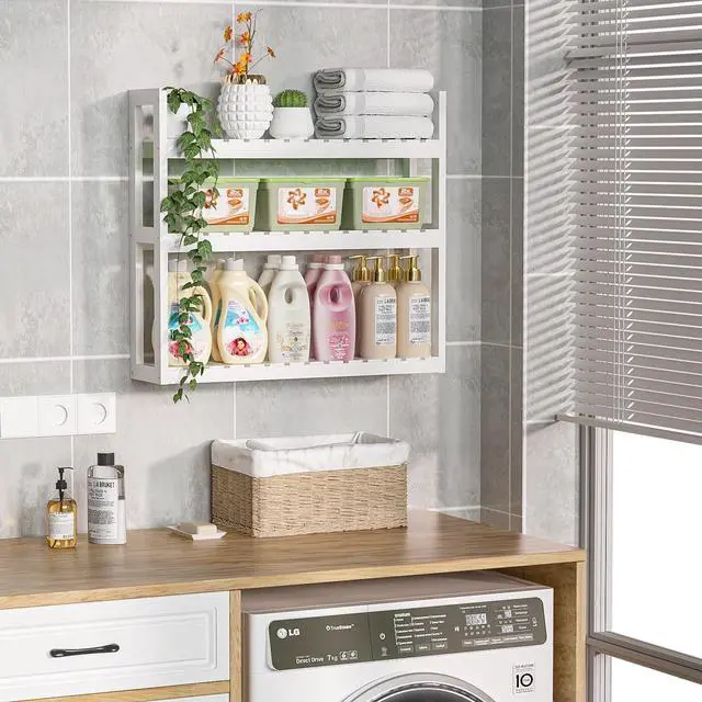 Alt view image 4 of 7 - Bathroom Shelves Over Toilet Storage - 3 Tier Wall Mounted Bamboo Bathroom Shelf Organizer Multifunctional Adjustable Layer Free Standing Utility Shelves for Bathroom Living Room Kitchen, White