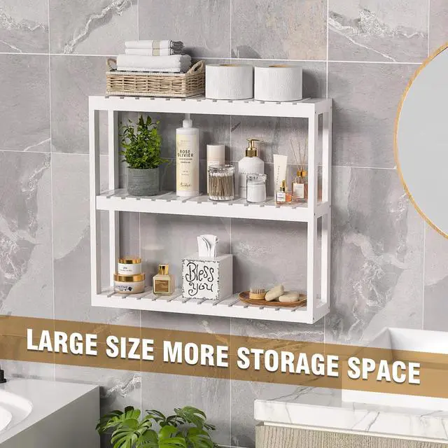 Alt view image 7 of 7 - Bathroom Shelves Over Toilet Storage - 3 Tier Wall Mounted Bamboo Bathroom Shelf Organizer Multifunctional Adjustable Layer Free Standing Utility Shelves for Bathroom Living Room Kitchen, White