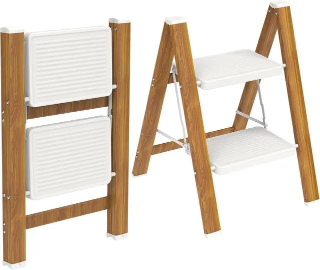 Main image of Step Ladder, Lightweight Aluminum Folding Step Stool | Anti-Slip Wide Pedal, 330lbs Capacity Step Ladder for Household Kitchen Office, WhiteWoodgrain