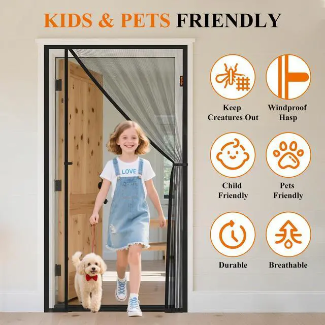 Alt view image 7 of 7 - Magnetic Screen Door, Fits 32'' x 80'' Door(Screen Size 34'' x 81''), Black | Reversible Left Right Side Opening, Scratch-Proof Polyester, Pet Friendly, Free Entry and Exit, Prevent Insect Invasion