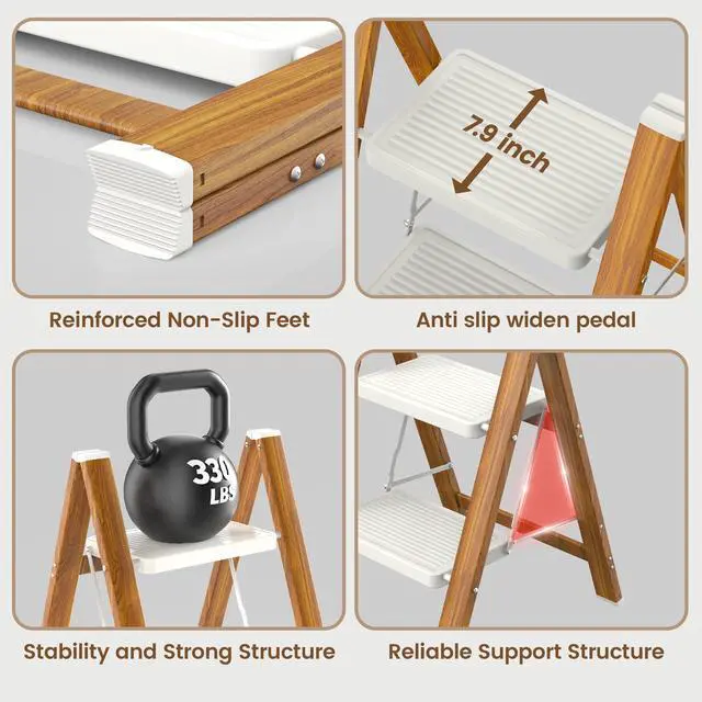 Alt view image 2 of 7 - Step Ladder, Lightweight Aluminum Folding Step Stool | Anti-Slip Wide Pedal, 330lbs Capacity Step Ladder for Household Kitchen Office, WhiteWoodgrain