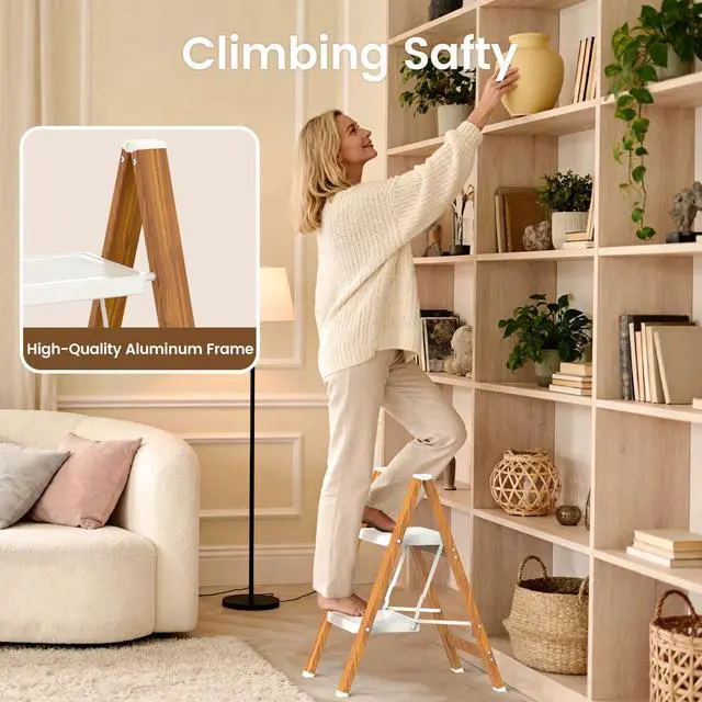 Alt view image 5 of 7 - Step Ladder, Lightweight Aluminum Folding Step Stool | Anti-Slip Wide Pedal, 330lbs Capacity Step Ladder for Household Kitchen Office, WhiteWoodgrain
