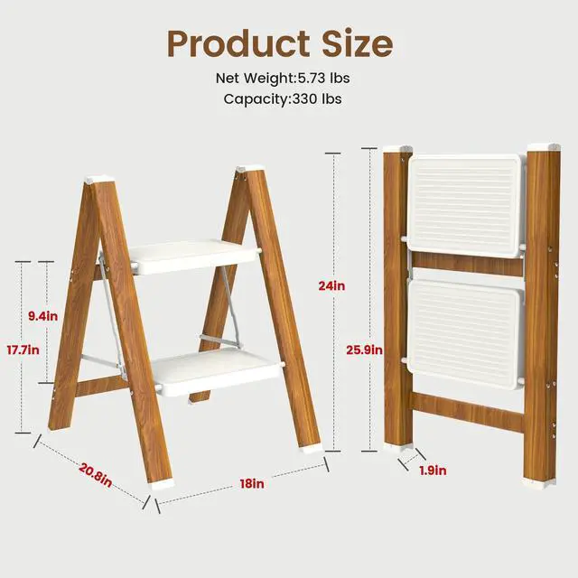 Alt view image 7 of 7 - Step Ladder, Lightweight Aluminum Folding Step Stool | Anti-Slip Wide Pedal, 330lbs Capacity Step Ladder for Household Kitchen Office, WhiteWoodgrain