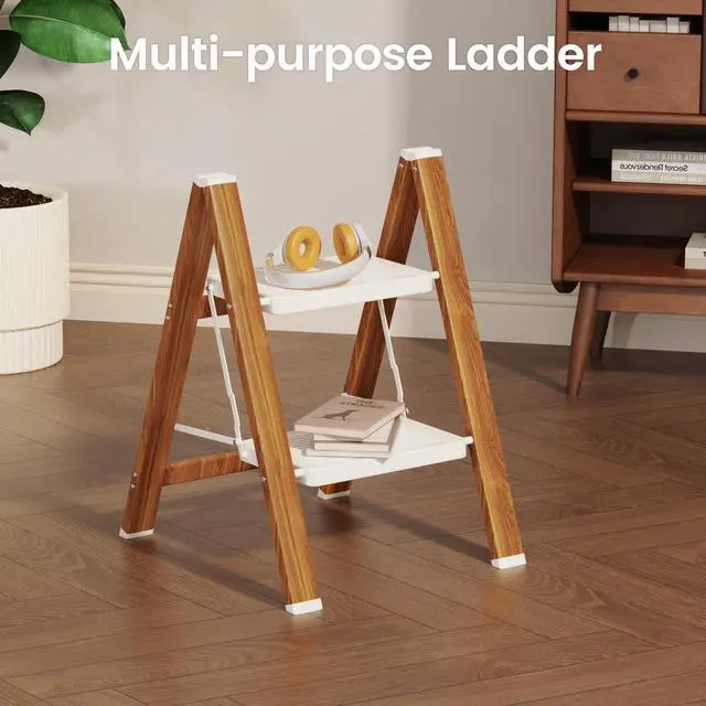 Alt view image 6 of 7 - Step Ladder, Lightweight Aluminum Folding Step Stool | Anti-Slip Wide Pedal, 330lbs Capacity Step Ladder for Household Kitchen Office, WhiteWoodgrain
