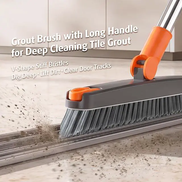 Alt view image 2 of 7 - Heavy Duty Grout Scrub Brush with Long Handle & Hair Clip | 180° Swivel Scrub Brush V-Shape Grout Line Scrubber Stiff Bristles for Deep Cleaning Crevice, Tile Line, Corners