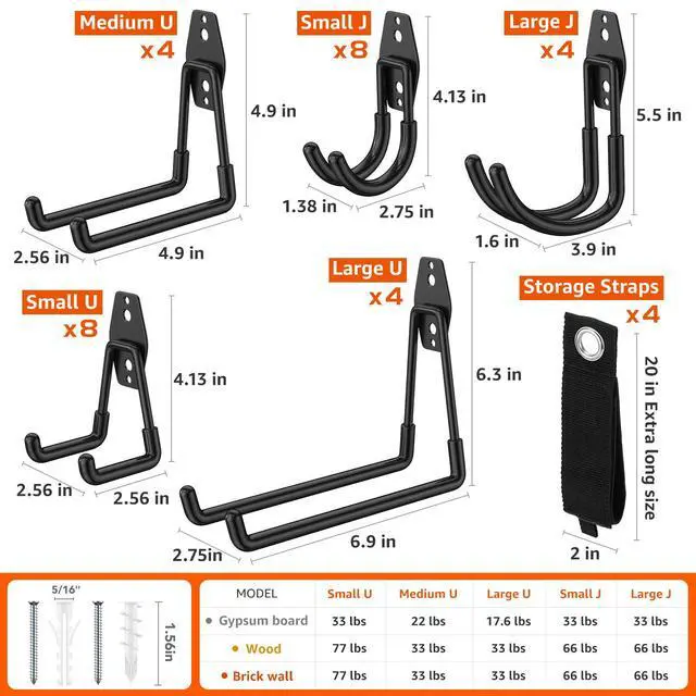 Alt view image 2 of 7 - 32-Pack Heavy Duty Wall Mount Garage Hooks | Hanging Storage For Ladders, Hoses, Bikes, Garden Tools, Ropes; For Yard, Warehouse, Workshop, Shed, Shop
