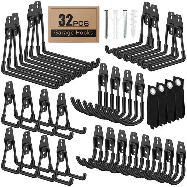 Main image of 32-Pack Heavy Duty Wall Mount Garage Hooks | Hanging Storage For Ladders, Hoses, Bikes, Garden Tools, Ropes; For Yard, Warehouse, Workshop, Shed, Shop