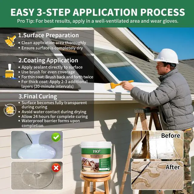 Alt view image 4 of 7 - Transparent Waterproof Sealant 12 Oz, Clear Water-Based Leak Repair Coating for Roof, Wall, Bathroom, Shower, Kitchen, Concrete, Wood, Metal, Indoor & Outdoor