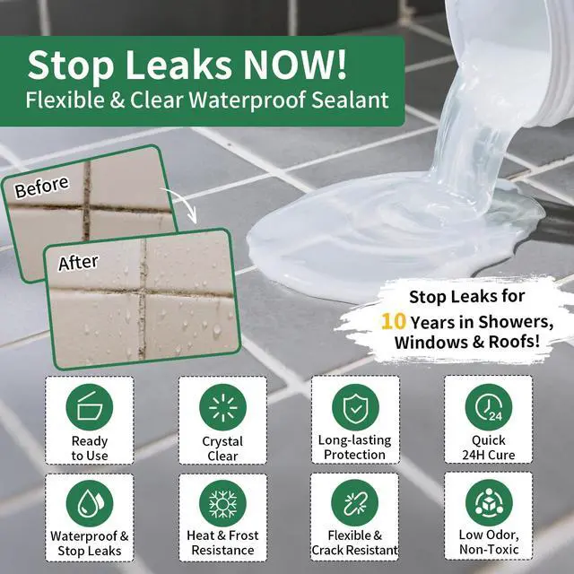 Alt view image 5 of 7 - Transparent Waterproof Sealant 12 Oz, Clear Water-Based Leak Repair Coating for Roof, Wall, Bathroom, Shower, Kitchen, Concrete, Wood, Metal, Indoor & Outdoor