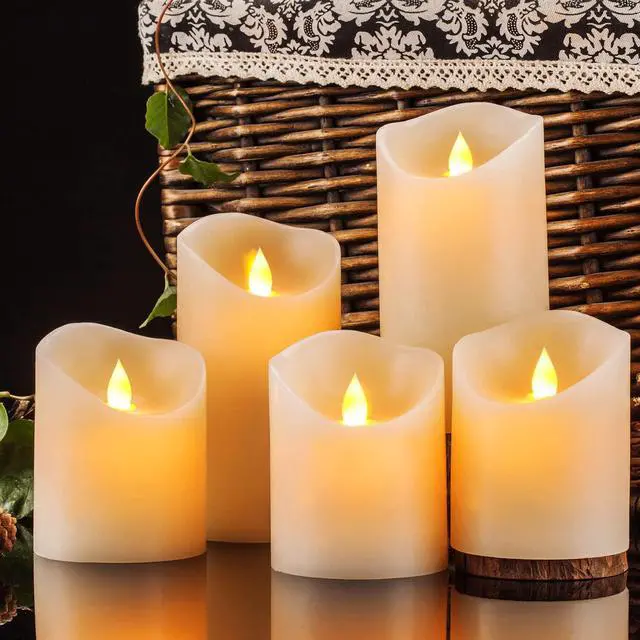 Alt view image 2 of 5 - Flameless Candles, Flickering Moving Flame LED Candles Set of 5 (Size: D: 3" x H: 4"/4"/4"/6"/6") Pillar Realistic Real Wax Battery Operated Candles with Remote Control 2 4 6 8 Hours Timer