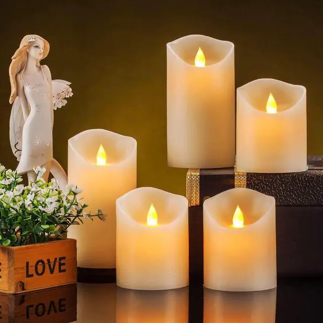 Alt view image 3 of 5 - Flameless Candles, Flickering Moving Flame LED Candles Set of 5 (Size: D: 3" x H: 4"/4"/4"/6"/6") Pillar Realistic Real Wax Battery Operated Candles with Remote Control 2 4 6 8 Hours Timer